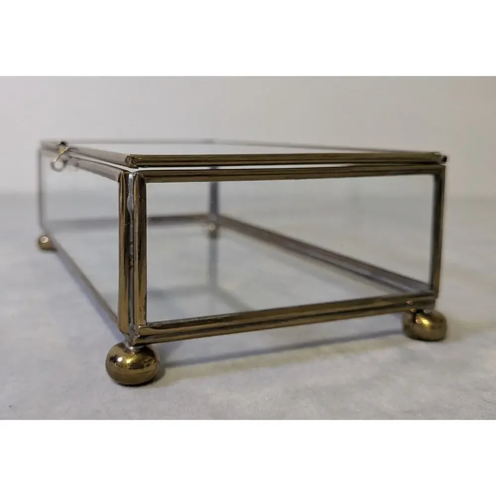 Vintage Brass & Glass Trinket Box Etched Floral Lid Jewelry Case Vanity Decor